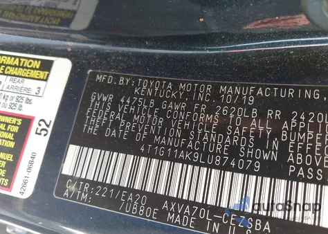 2020 Toyota Camry Se from USA, damaged, VIN 4T1G11AK9LU874079
